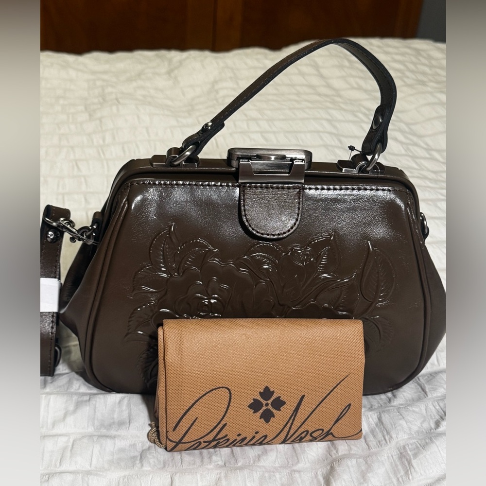 Patricia Nash Gracchi rose tooled mushroom color handbag brand new reg $ 279 - Picture 11 of 12